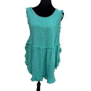 Umgee Linen Cotton Blend Sz L Boho Tank Top Blue Aqua Raw Fringe Trim Beach